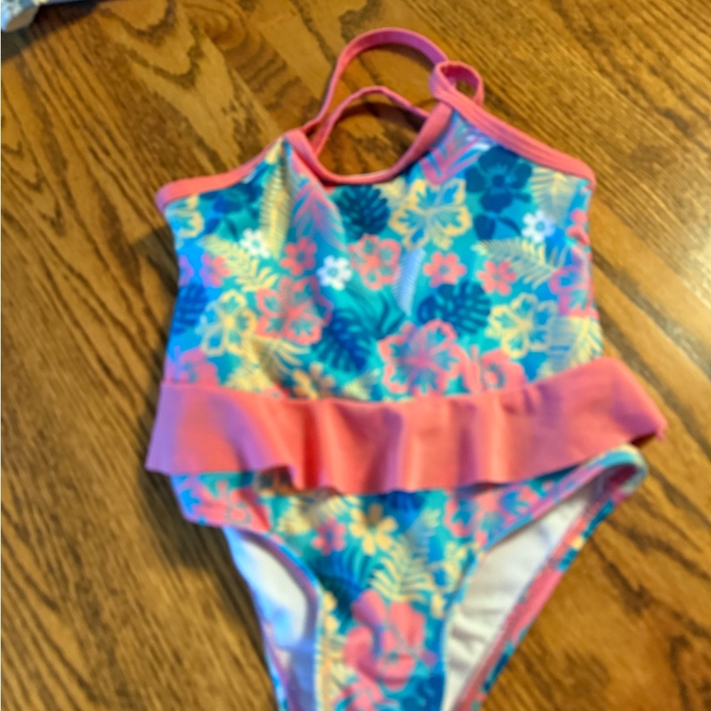 Reel Legends Kids One Piece Swimsuit - Blue and Pink Floral